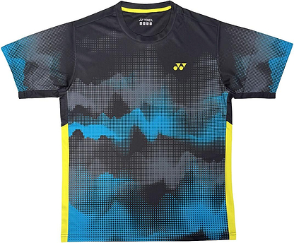 The Yonex YTM2025B Mens Badminton T-Shirt - Black features black, blue, and gray pixelated patterns with yellow side panels and a small yellow Yonex logo on the left chest—ideal for any badminton game.