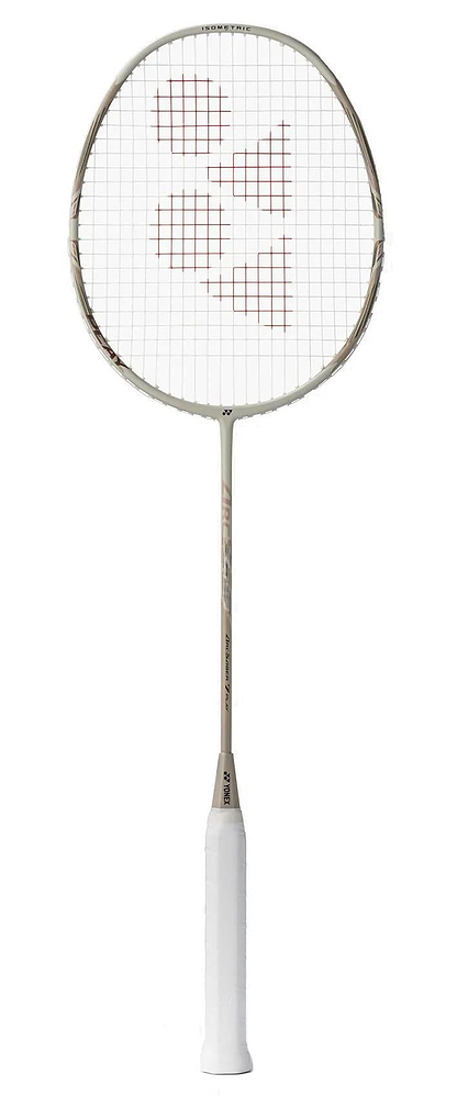 The Yonex Arcsaber 7 Play 4U Badminton Racket in light beige, featuring an ISOMETRIC frame, white grip, and red pattern on the string bed, is displayed vertically against a plain white background.