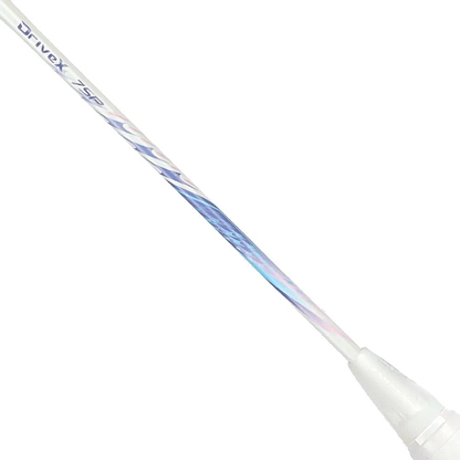 A close-up of the Victor DriveX 7SP AJ 4U Badminton Racket in white and purple highlights its sleek shaft labeled "DriveX 7SP," white cone bottom, and versatile design from the Victor brand.