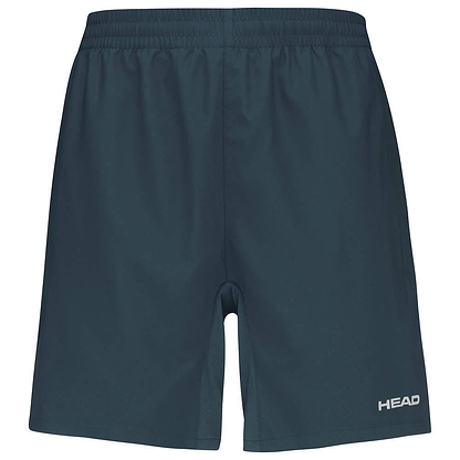 Navy badminton shorts from HEAD, featuring an elasticated waistband. They're made from breathable material and display a small white "HEAD" logo on the lower left leg.