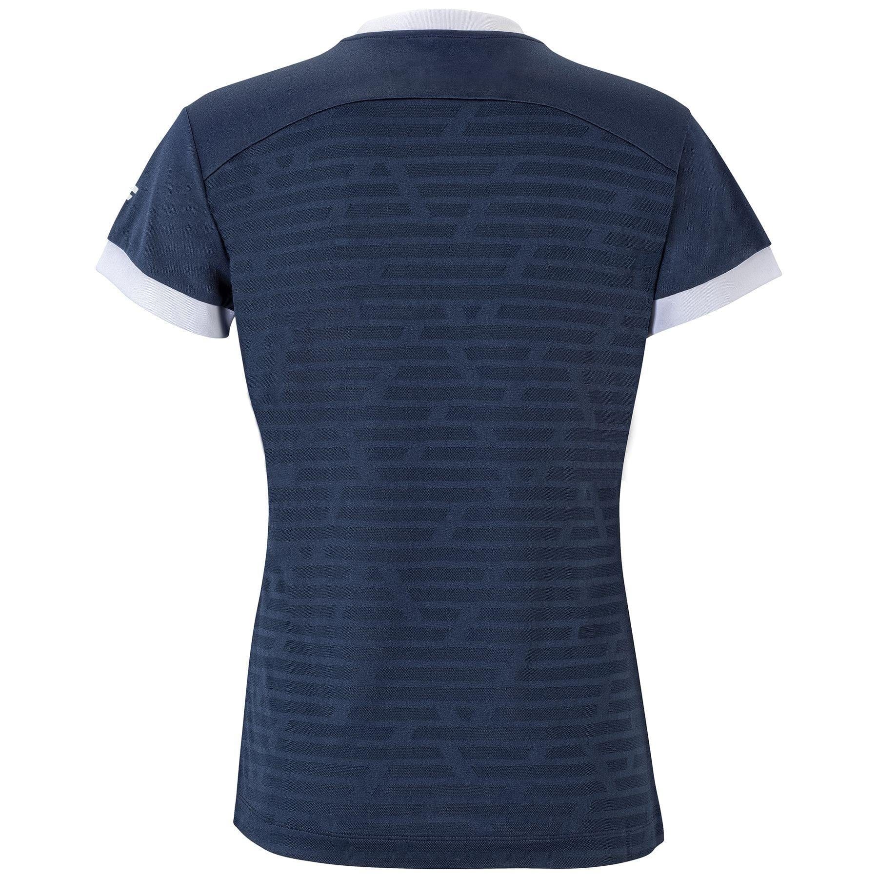 Back view of the Tecnifibre Womens F3 Polo Shirt in marine blue, featuring short sleeves and a subtle geometric pattern crafted from performance polyester. The shirt is enhanced with white accents on the collar and sleeve cuffs, adding a touch of sophistication.