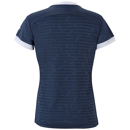 Back view of the Tecnifibre Womens F3 Polo Shirt in marine blue, featuring short sleeves and a subtle geometric pattern crafted from performance polyester. The shirt is enhanced with white accents on the collar and sleeve cuffs, adding a touch of sophistication.