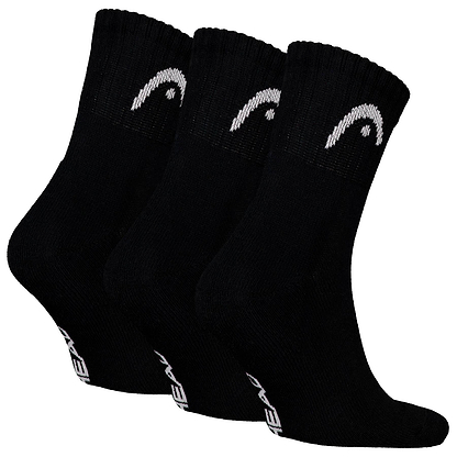 The HEAD Club Short Crew Badminton Socks - Black (3 Pack) feature cushioned soles, a white curved logo near the top, and "HEAD" on the soles. Ideal for badminton, these HEAD socks are shown side by side.
