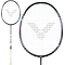 The Victor Drive X Metallic C 4U badminton racket, crafted by Victor, boasts a DYNAMIC-HEX frame and PYROFIL carbon fiber. Its black frame with white strings has a distinctive center logo. The sleek white handle is lightly gripped, shown in full-length and head close-up views.