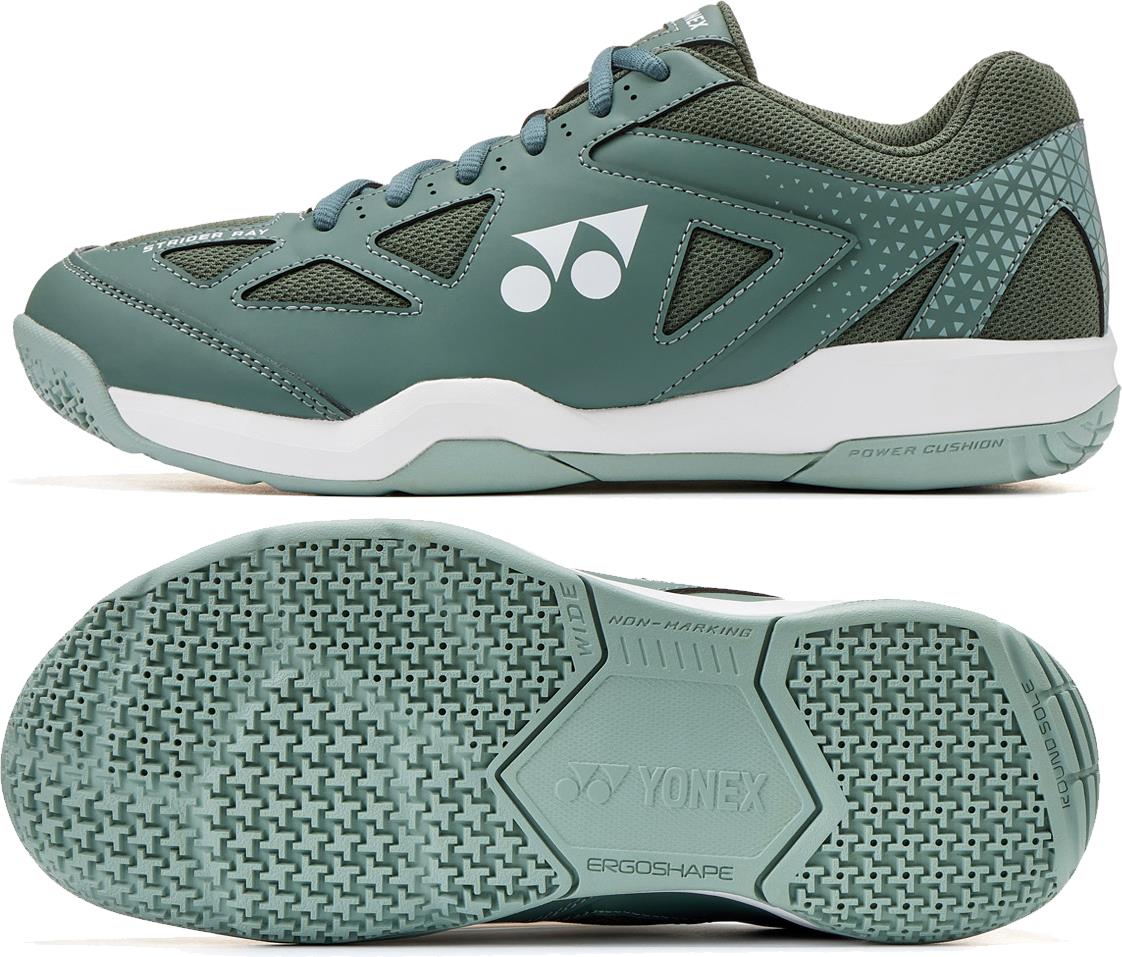 Two views of Yonex Strider Ray WIDE Unisex Badminton Shoes in khaki: side with logo and design, bottom with patterned sole and branding—perfect for those seeking wide fit comfort.