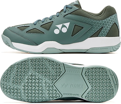 Two views of Yonex Strider Ray WIDE Unisex Badminton Shoes in khaki: side with logo and design, bottom with patterned sole and branding—perfect for those seeking wide fit comfort.