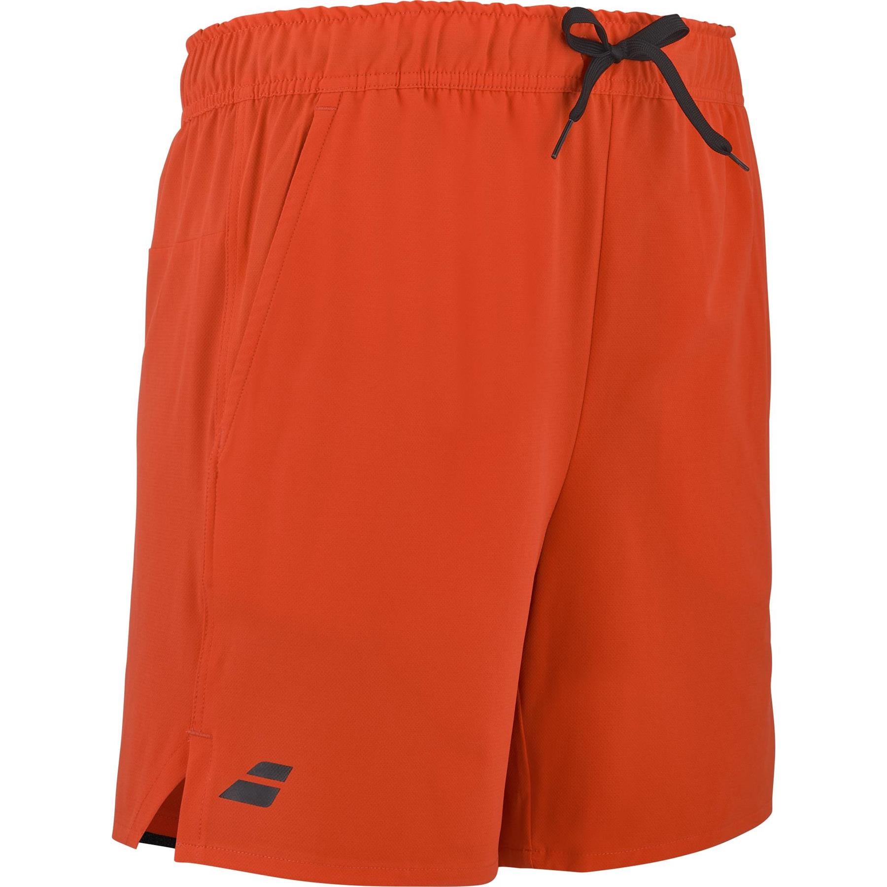 The Babolat Play Mens Badminton Shorts in Cherry Tomato feature recycled polyester, an elastic waistband with black drawstring, side pockets, and a small black logo near the left hem.