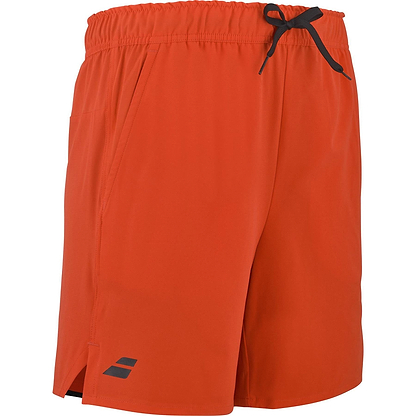 The Babolat Play Mens Badminton Shorts in Cherry Tomato feature recycled polyester, an elastic waistband with black drawstring, side pockets, and a small black logo near the left hem.