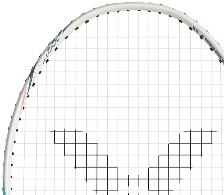 Close-up of the Victor Wrist Enhancer 140 M Training Badminton Racket by Victor, featuring a white frame and strings with a black grid forming a stylized “V” pattern.