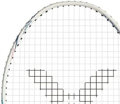 Close-up of the Victor Wrist Enhancer 140 M Training Badminton Racket by Victor, featuring a white frame and strings with a black grid forming a stylized “V” pattern.