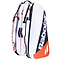The Babolat RH12 Pure Strike 4th Gen 12 Racket Badminton Bag, featuring an innovative design, is a white, black, and red bag showcasing the Babolat logo. It includes multiple compartments, zippers, and adjustable shoulder straps made from isothermal material to protect your gear.
