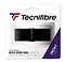 The Tecnifibre Wax Feel Replacement Badminton Grip - Black comes in a packaging that features a black grip with white lettering, emphasizing its "1.8 mm" thickness, "strong tackiness," and "great cushion." Designed with badminton players in mind, the package has an elegant look with a predominantly white background accented in purple and red.