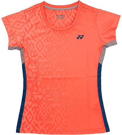The Yonex YTL11 Womens Badminton T-Shirt - Sunset is a bright orange tee with quick-drying, lightweight fabric, subtle geometric patterns, blue side panels, gray mesh underarms, and a Yonex logo on the left chest.
