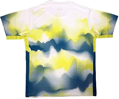 The Yonex YTM2025A Mens Badminton T-Shirt in white features short sleeves and a pixelated yellow, blue, and white pattern with gradients and abstract shapes. Made from moisture-wicking fabric for comfort during play.