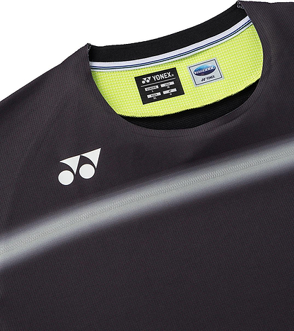 The Yonex 10711YX Crew Neck Men's Badminton T-Shirt in black features a light grey diagonal stripe, Yonex logo on the chest, and bright yellow inner collar—making it a top choice for performance badminton apparel.