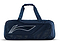 The Li-Ning Team 6 Racket Badminton Bag in navy blue features a black and white abstract side design, two handles, and a zippered main compartment—ideal for carrying up to 6 rackets for matches or practice.