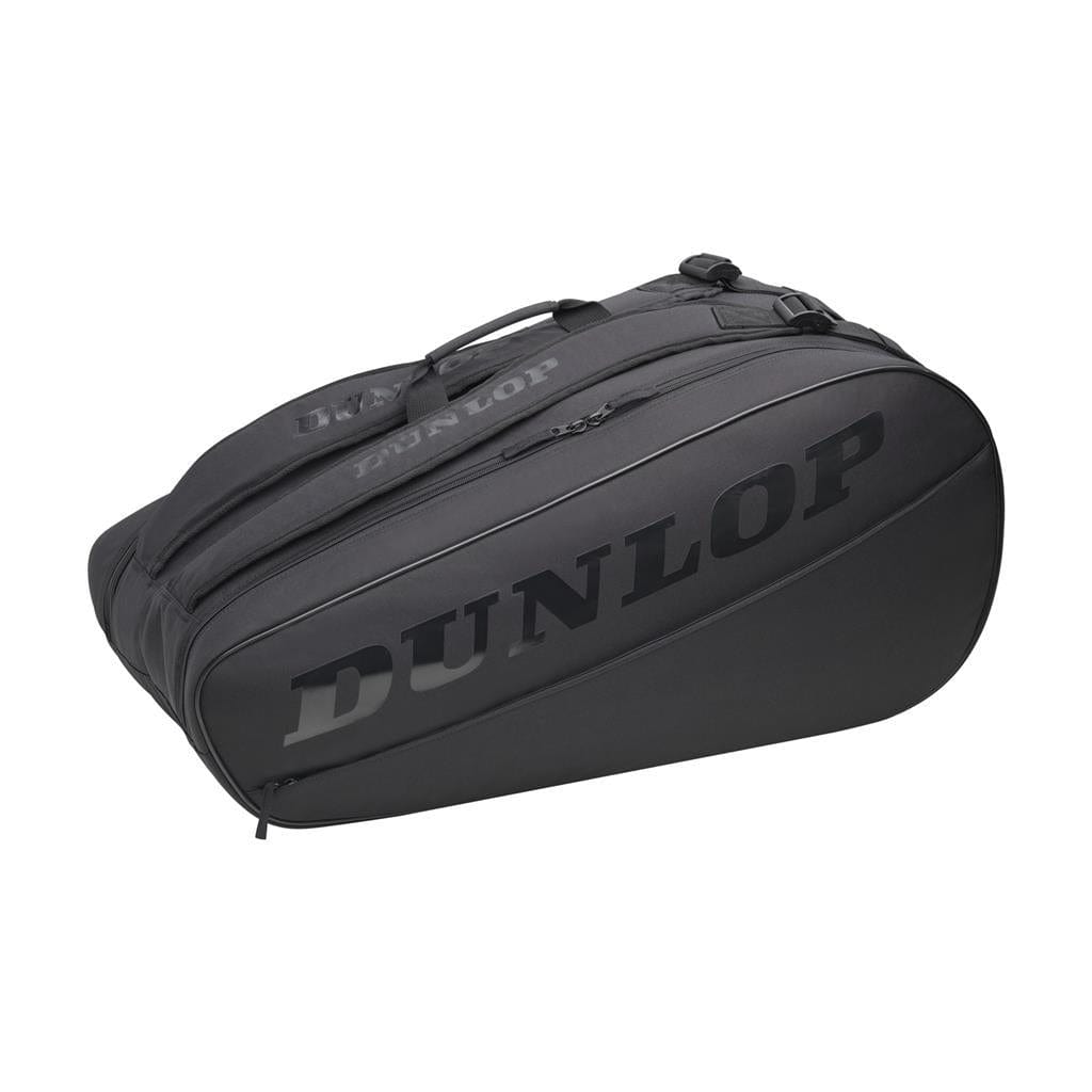 The Dunlop CX-Club 10 Racket Badminton Bag in black comes with multiple compartments and a zippered closure for transporting your tennis equipment. This bag prominently displays the Dunlop logo along the side, making it an ideal choice for both tennis and badminton players.