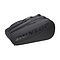 The Dunlop CX-Club 10 Racket Badminton Bag in black comes with multiple compartments and a zippered closure for transporting your tennis equipment. This bag prominently displays the Dunlop logo along the side, making it an ideal choice for both tennis and badminton players.