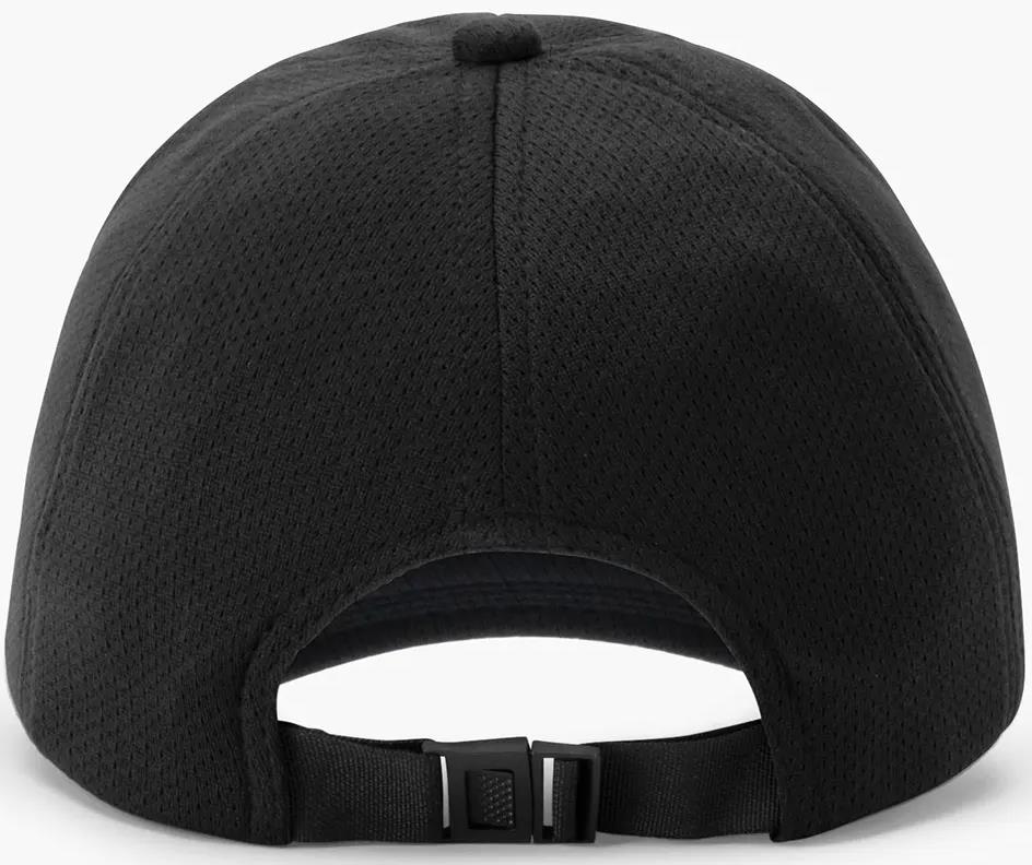 The Yonex 40125EX Badminton Cap in black features a textured, breathable fabric, adjustable fabric strap with black plastic buckle, and a top button for comfort and fit.