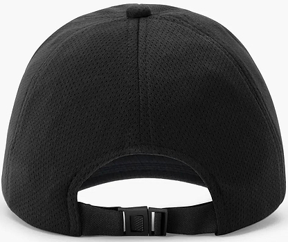 The Yonex 40125EX Badminton Cap in black features a textured, breathable fabric, adjustable fabric strap with black plastic buckle, and a top button for comfort and fit.