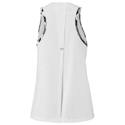 This is a back view of the Babolat Aero Women's Badminton Tank Top in white, featuring black-and-white patterned trim along the armholes. Made from breathable synthetic materials, this top includes a vertical seam down the middle to provide both style and comfort during your activities.