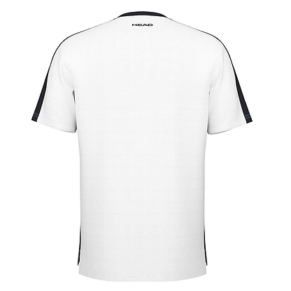 Back view of the HEAD Vision Slice Men's Badminton T-Shirt in white, featuring black accents on the sleeves and crafted from Moisture Transfer Microfiber for optimal comfort. The brand name "HEAD" is printed near the collar, highlighting its premium quality.