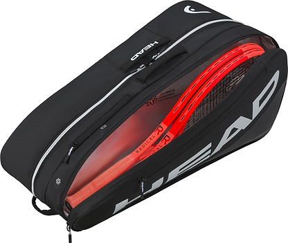 A black HEAD Tour 9 Racket Badminton Bag L with a zippered compartment partially open, revealing rackets inside. It features white HEAD branding, a top handle, and CCT+ climate control technology for added protection.