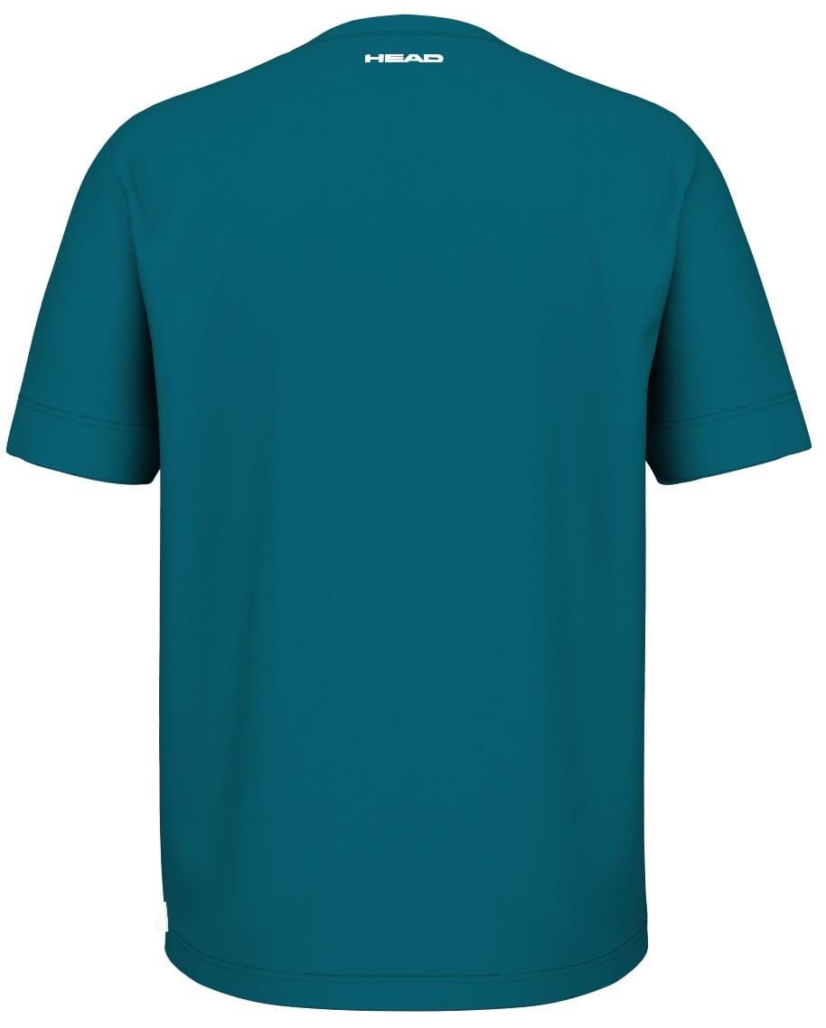The teal HEAD Slice II Men's Badminton T-Shirt features a small white "HEAD" logo at the upper back. Made from polyester interlock fabric, this short-sleeved shirt includes Moisture Transfer Microfiber for added comfort and functionality.