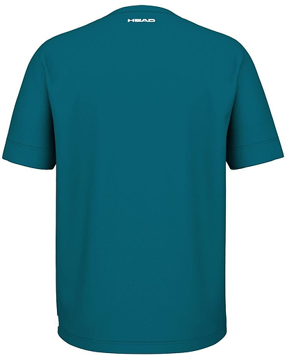 The teal HEAD Slice II Men's Badminton T-Shirt features a small white "HEAD" logo at the upper back. Made from polyester interlock fabric, this short-sleeved shirt includes Moisture Transfer Microfiber for added comfort and functionality.
