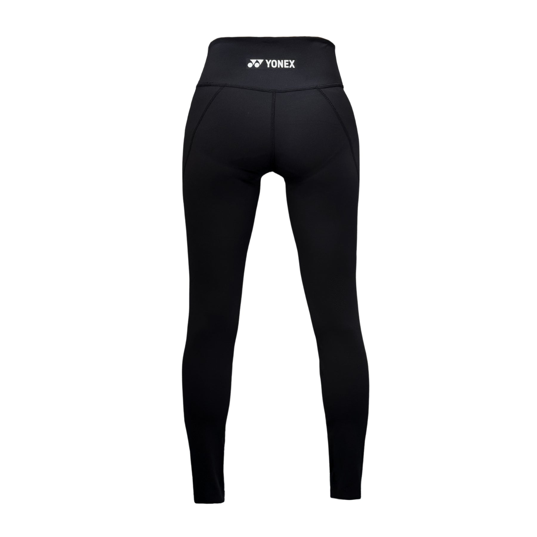 The Yonex YL2024 Women's Badminton Leggings in black showcase a high-rise waistband and sleek, form-fitting design. Crafted from moisture-wicking fabric, the Yonex logo is visible on the waistband when viewed from the back.
