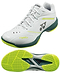 Yonex Power Cushion 65Z4 Viktor Axelsen Men's Badminton Shoes in White/Lime feature a lace-up design, Yonex logo on the side, and a textured non-slip sole with green and yellow accents.