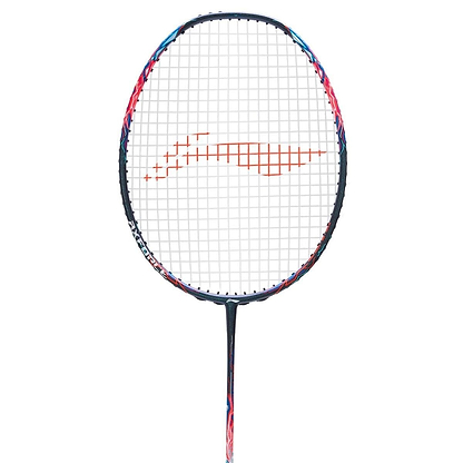 A detailed view of the Li-Ning Axforce 90 Tiger Max 4U badminton racket, ideal for experienced players. It boasts a sophisticated black design with vibrant highlights, and the strings create a straightforward orange pattern amidst a white backdrop.