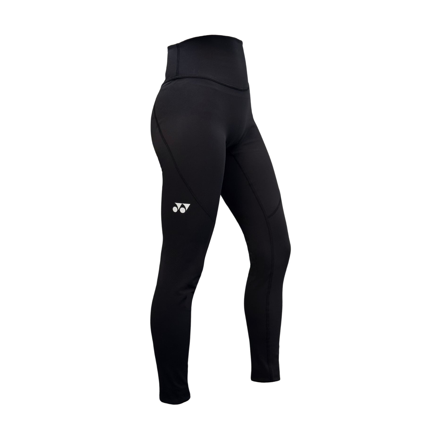 The Yonex YL2024 Women's Badminton Leggings in black feature a moisture-wicking fabric and a logo on the thigh, displayed against a white background.