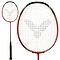 The orange and black Victor WaveTec Magan 9 badminton racket from Victor highlights a close-up of the V-shaped string pattern. From handle to head, its design incorporates shock-reducing technology for enhanced play.