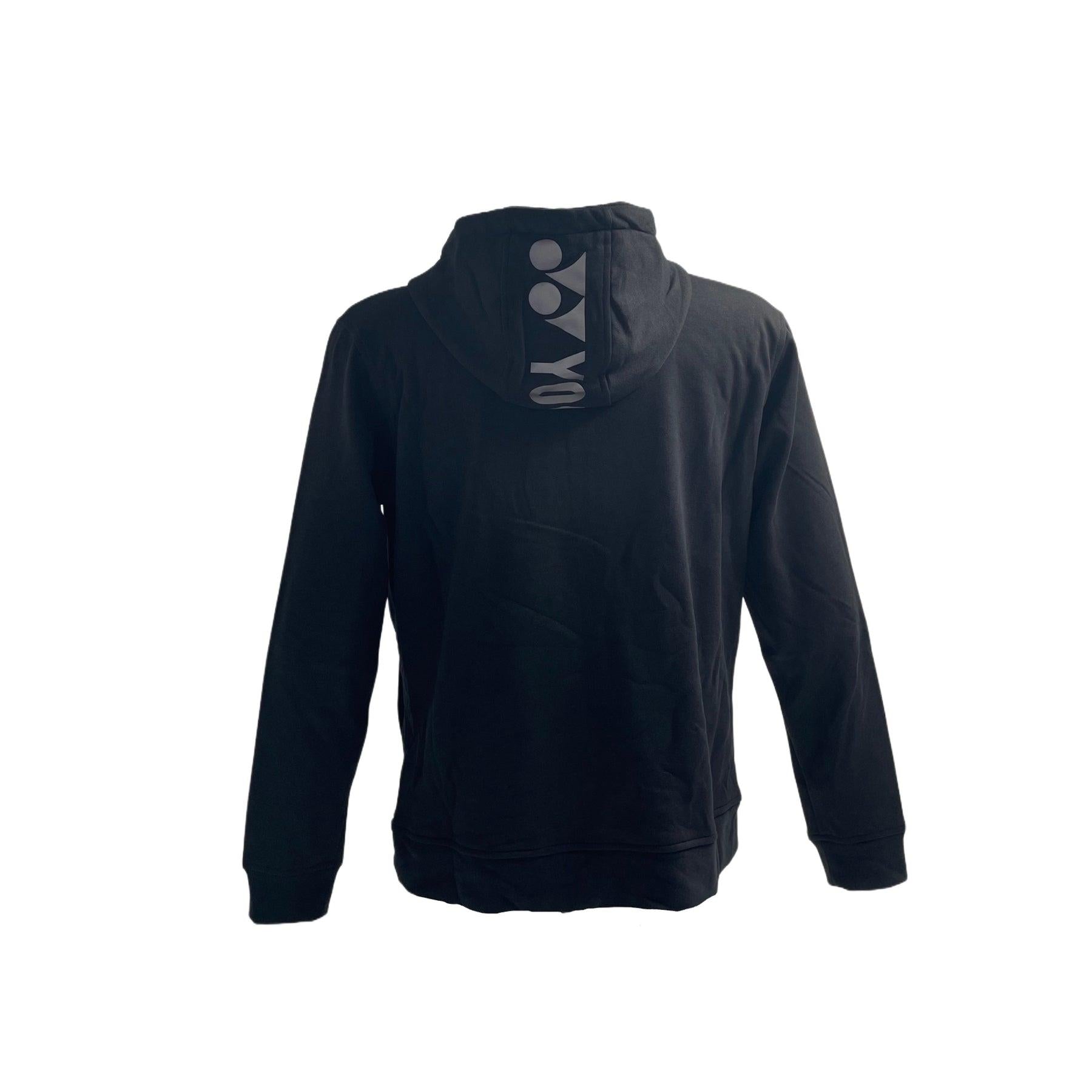 The Yonex YHD2024 Unisex Badminton Hoodie in black, with long sleeves and a relaxed fit, features reflective prints and a unique "M" and "O" hood logo, viewed from the back against a plain white background.
