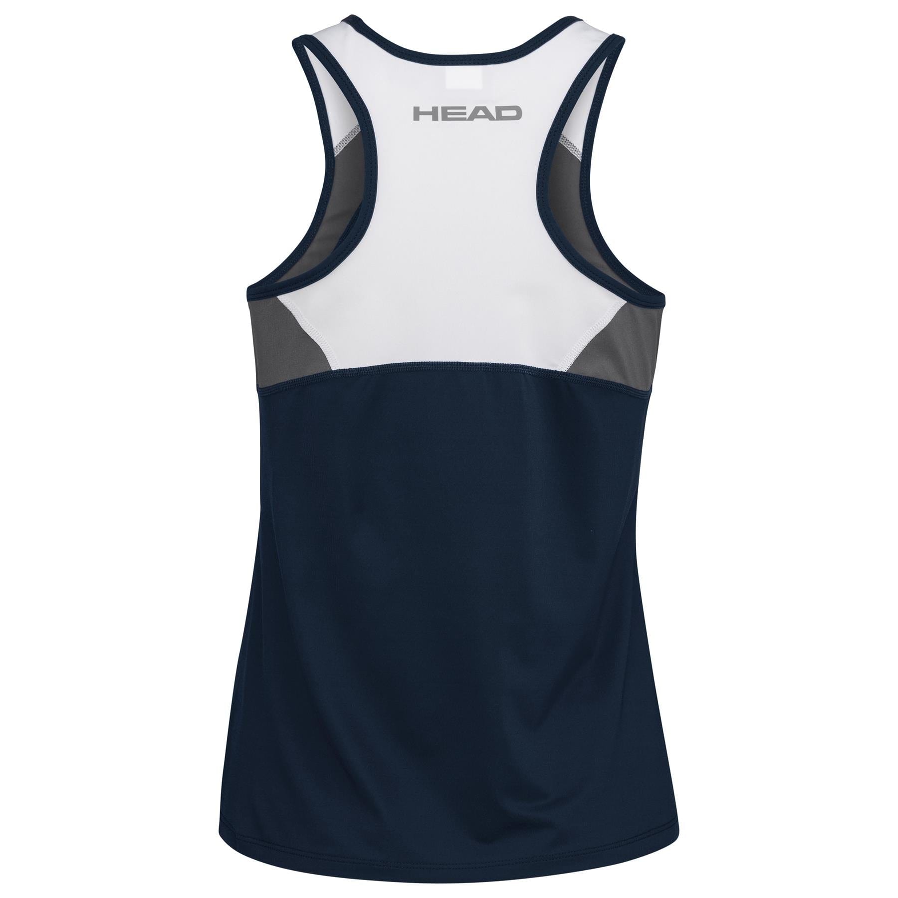Rear view of a sleeveless tank top perfect for athletes. The HEAD Womens Club 22 Badminton Tank Top in dark blue is primarily navy with white and gray accents, featuring a racerback design and the "HEAD Sportswear" logo at the upper back. Made with Moisture Transfer Microfibre for improved performance.