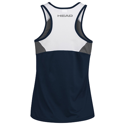 Rear view of a sleeveless tank top perfect for athletes. The HEAD Womens Club 22 Badminton Tank Top in dark blue is primarily navy with white and gray accents, featuring a racerback design and the "HEAD Sportswear" logo at the upper back. Made with Moisture Transfer Microfibre for improved performance.