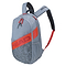 The HEAD Elite Backpack - Grey Orange, a stylish tennis bag, features the brand name prominently displayed. It includes a zipper closure, side mesh pockets, black padded shoulder straps, and a padded racket compartment. The lower front panel is decorated with a subtle graphic pattern.