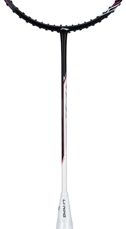 A close-up of the Li-Ning Halbertec 2000 3U Badminton Racket - Cool Ebony shows its handle, shaft, and part of the racket head, featuring a white grip and black, white, and red details that highlight its balanced swing weight.