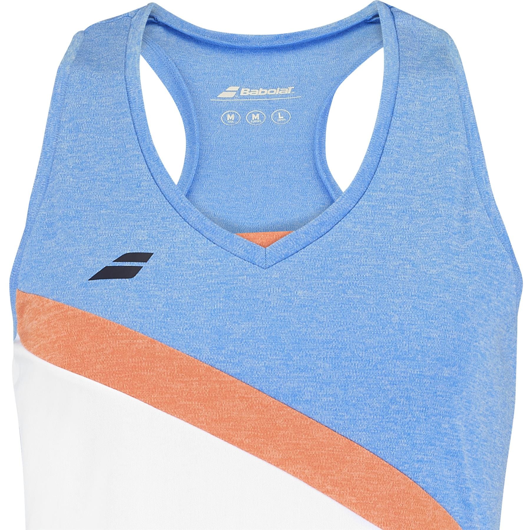The Babolat Play Women's Badminton Tank Top, made from Fiber Dry recycled polyester, is sleeveless and blue with a V-neck. It boasts a diagonal orange and white stripe across the chest with a small black logo.