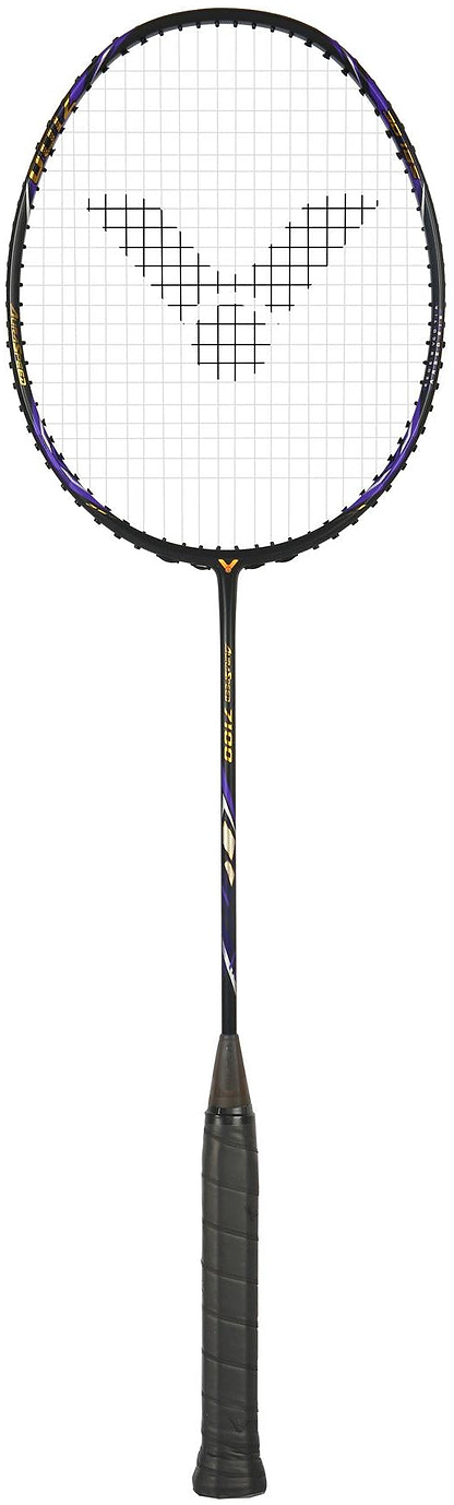 The Victor Auraspeed 7100 4U Badminton Racket in black by Victor features a wrapped handle and geometric string pattern, shown on a white background.