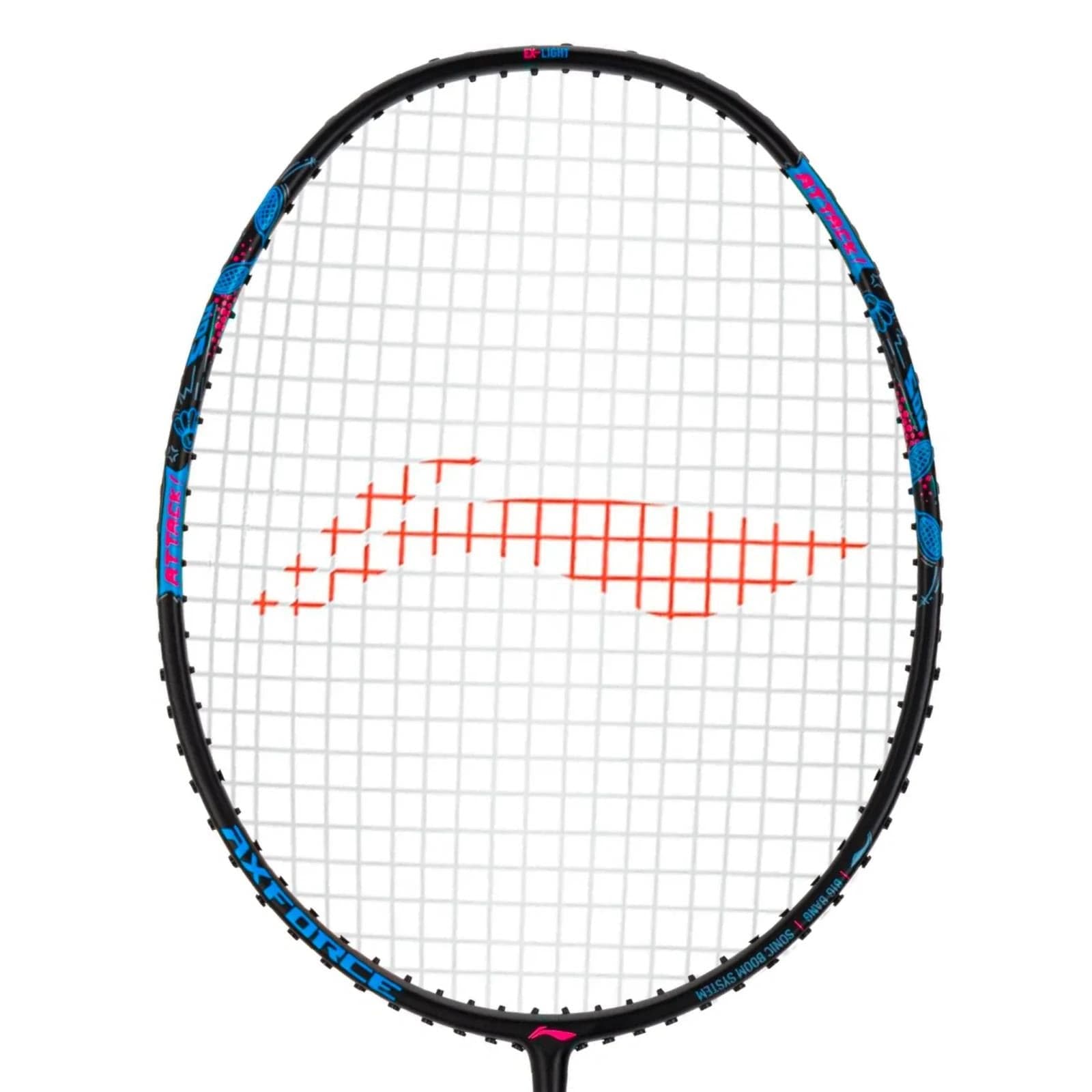 The Li-Ning Axforce Big Bang 6U Badminton Racket in black features an Ex-Light frame accented with vibrant colors and a striking red pattern on the strings. Its oval-shaped design is enhanced by the Sonic Boom System, complemented by blue and pink details, with a crisscross string pattern.