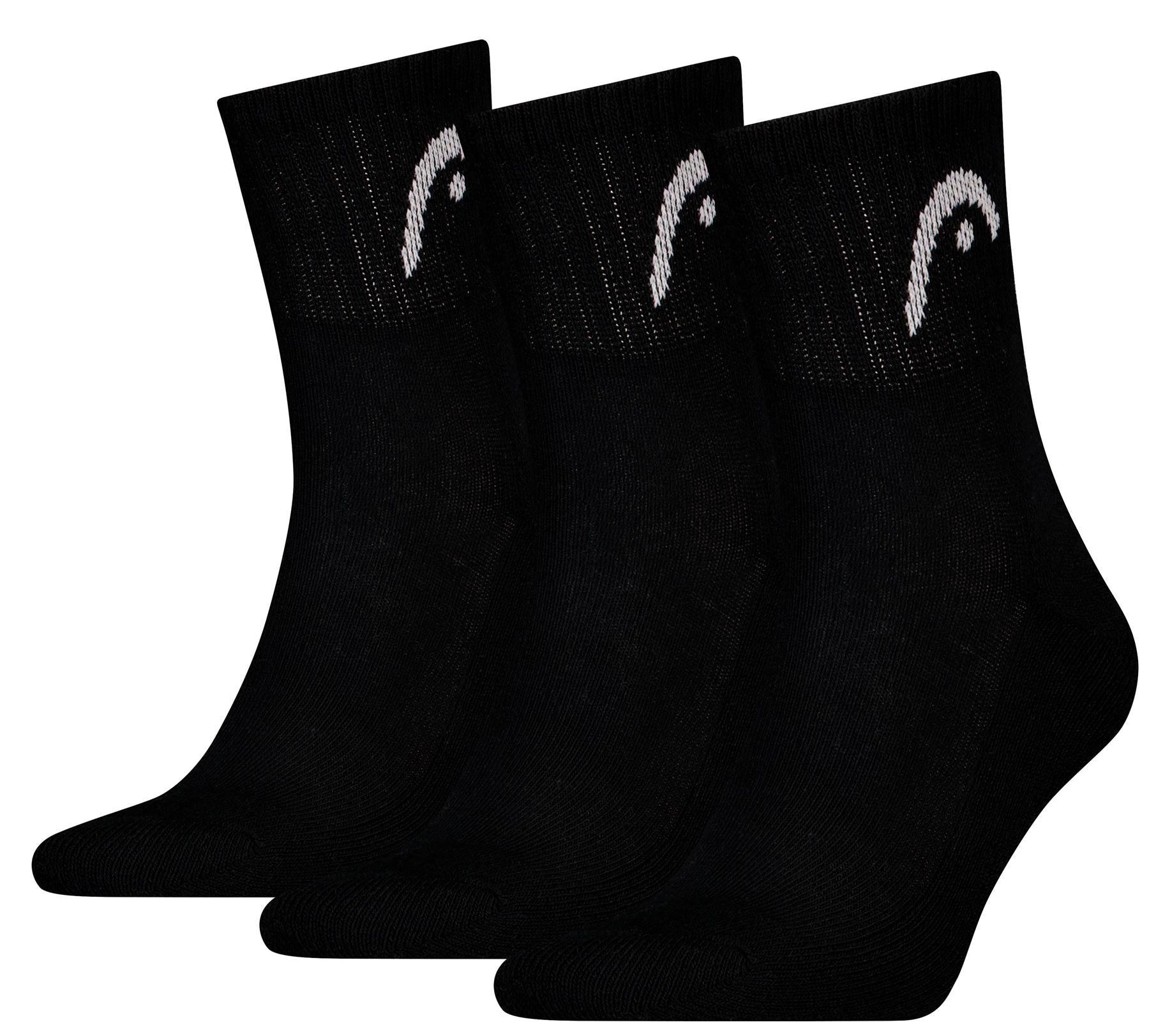 Three pairs of HEAD Club Short Crew Badminton Socks in black, each with a cushioned sole and white HEAD logo on the cuffs, are displayed side by side against a white background.