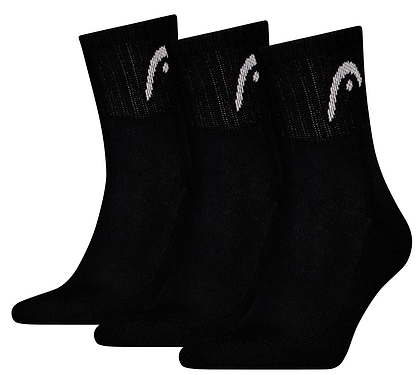 Three pairs of HEAD Club Short Crew Badminton Socks in black, each with a cushioned sole and white HEAD logo on the cuffs, are displayed side by side against a white background.