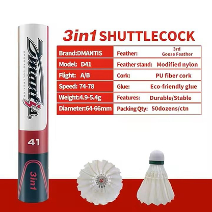 Dmantis D41 Hybrid Badminton Feather Shuttlecocks (Speed 78) feature an aerodynamic design, goose feathers, a nylon skirt, PU fiber cork, 4.9-5.0g weight, and eco-friendly glue—sustainably crafted for your game.