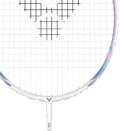 A close-up of the Victor DriveX 7SP AJ 4U Badminton Racket by Victor displays its sleek white and purple frame, highlighted by a striking black grid logo on the strings—emphasizing the racket’s modern, versatile design.