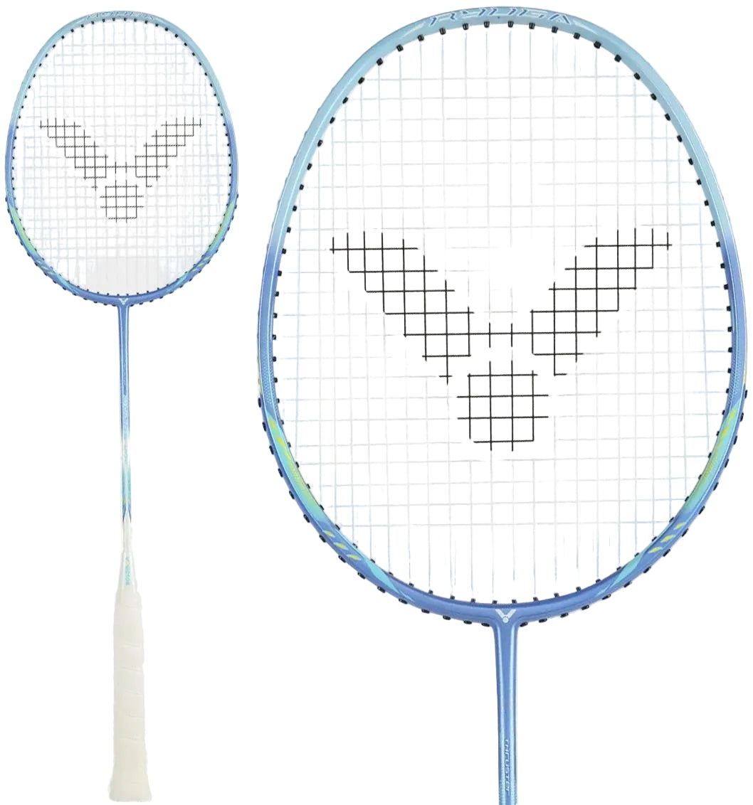 The Victor Thruster Ryuga Sport F 3U Badminton Racket in blue by Victor features a white handle and black stylized bird logo on the strings, shown in both full view and close-up. Ideal for beginner to intermediate players.