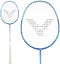 The Victor Thruster Ryuga Sport F 3U Badminton Racket in blue by Victor features a white handle and black stylized bird logo on the strings, shown in both full view and close-up. Ideal for beginner to intermediate players.