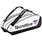 The Tecnifibre Tour Endurance 2023 12 Racket Badminton Bag in white and black is crafted with durable tarpaulin material. It prominently showcases the Tecnifibre logo and brand name, featuring multiple compartments and shoulder straps for easy carrying.