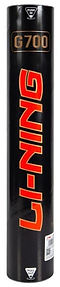 A sleek black cylindrical container proudly features the brand "Li-Ning" in bold red letters, with "G700" highlighted at the top in gold. Inside, you'll find Li-Ning G700 Feather Shuttles crafted from genuine goose feathers, perfect for national tournament-level play.